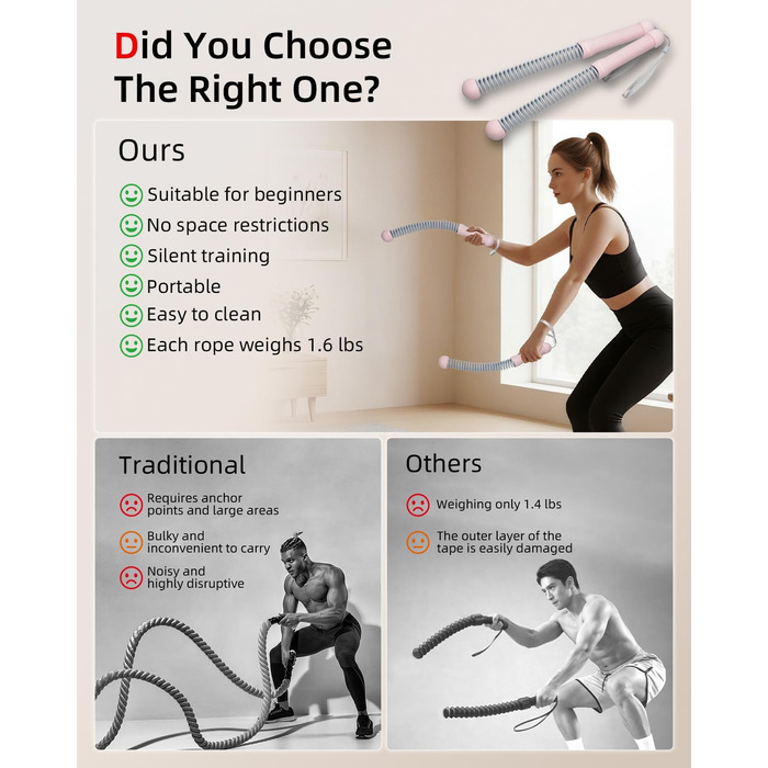 Битва-канат Abahub з утяжеленням, без мотузки, для дому: тиха домашня тренування, екіпірування для фітнесу, HIIT та аеробні вправи, 2 шт., рожевий