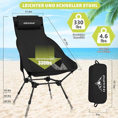Складний туристичний стілець IEEILULU з високою спинкою, чорний. Макс. навантаження 130 кг, 2 кишені. Підходить для кемпінгу, риболовлі, пікніків та відпочинку на природі.