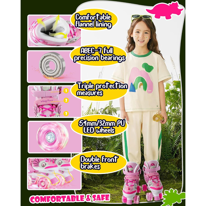 Ролики дитячі Kinder Dinosaurier з підсвічуванням, розмір регулюється, рожеві