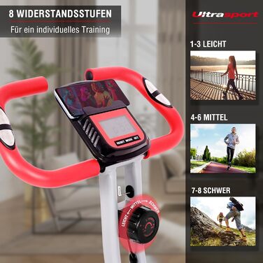 Велотренажер складаний Ultrasport F-Bike 150/200 з 8 рівнями навантаження, тримачем для планшета, вимірюванням пульсу, LCD-дисплеєм, для спортсменів і літніх людей, з сидінням зі спинкою, червоно-сірий