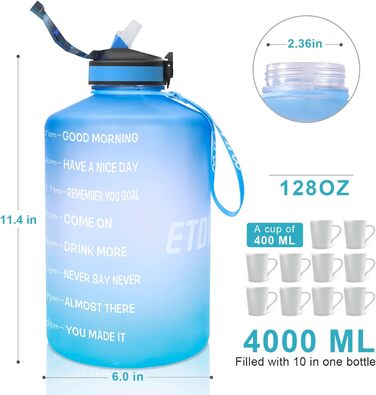 Спортивна пляшка для води 3,78 л з позначеннями часу та трубочкою, BPA Free, витокозахисна, блакитна (3800 мл)