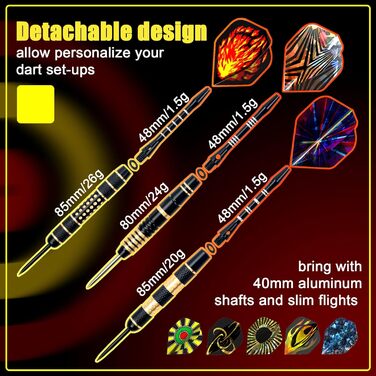 Професійні дротики Alyoen Metallspitze (12 шт) 20/24/26 г з аксесуарами: алюмінієві стебли, пір'я, точилка, захист наконечників, гумові кільця