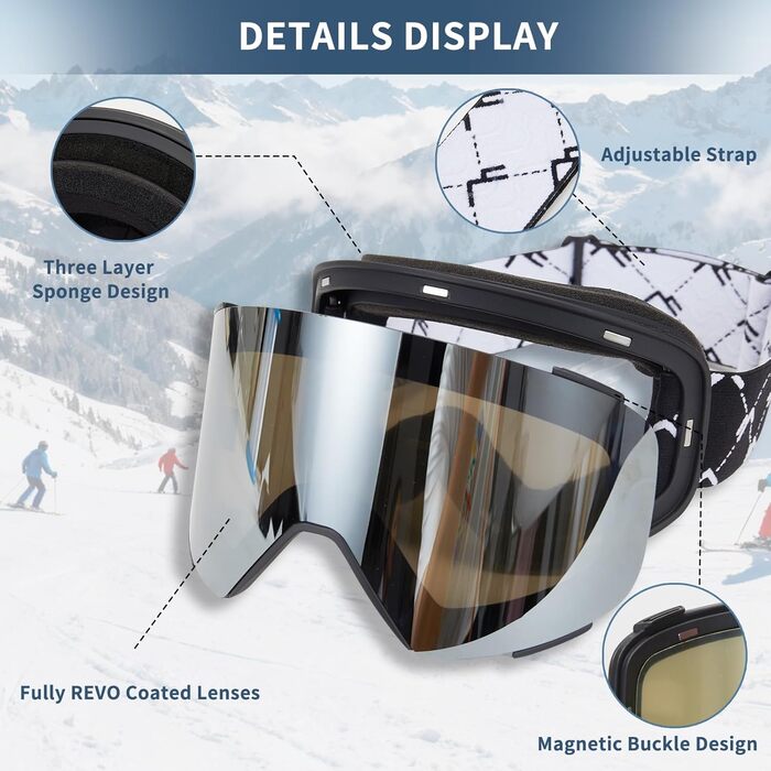Скі-маска VCOROS YH693C з магнітною OTG, захист від УФ, проти запотівання, REVO покриття, регульований ремінь, сноуборд маска для катання на лижах 02-Срібло/Білий (VLT13%)