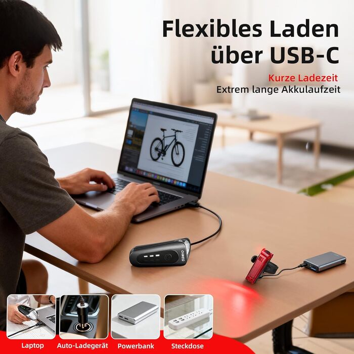 Набір переднього та заднього велоліхтаря з LED, StVZO, USB-C, водонепроникний, 100Lux + гальмівний індикатор, з батареєю