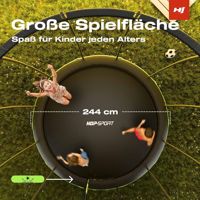 Трамплін Hop-Sport Outdoor – діаметр 244/305/366/427/488 см. Комплект з захисним сіткою, вигнутими ніжками та сертифікатами безпеки. З драбиною та захисним бордюром.