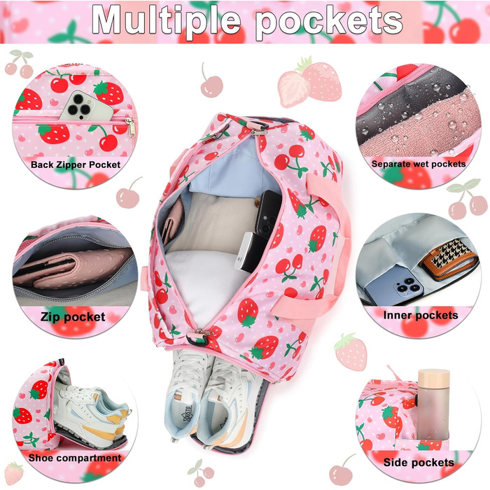 Спортивна сумка для жінок та дівчат: подорожі, фітнес, тренування. З відділенням для взуття та мокрих речей. Ягоди (полуниця, вишня), рожева