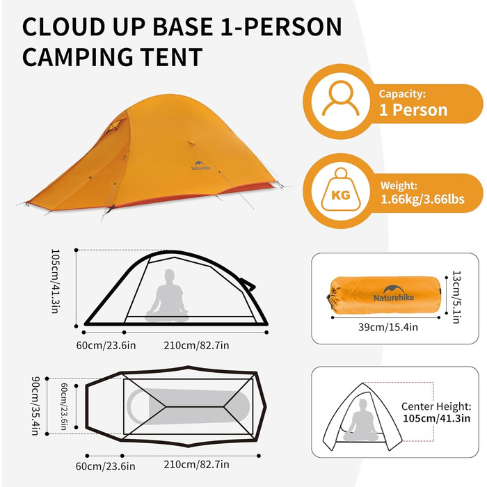 Намет Naturehike Cloud Up Pro для 1 особи: легкий, куполоподібний, водонепроникний, для кемпінгу та трекінгу (Orange 210T)