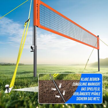Професійна волейбольна сітка для саду з регульованою висотою, стійками з антикорозійним покриттям, лінією розмітки, м'ячем PU, насосом, натягувачами та сумкою для транспортування (9.75м*1м)