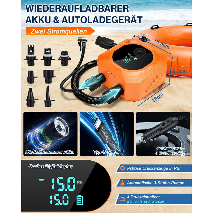 Електричний акумуляторний насос для SUP Lytool 50 PSI, компресор 12V DC та Type-C з функцією автостопу та LED-підсвіткою для сапбордів, човнів, каяків та кайтсерфінгу
