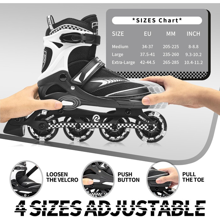 Регульовані ролики для дітей (хлопчиків та дівчаток), світні ролики 6-12 років, ролики для жінок та чоловіків, чорний колір, розмір L (37.5-41)