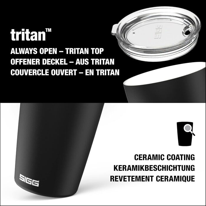 Термочашка SIGG Neso Pure Ceram чорна 0.4 л з кришкою Tritan, нержавіюча сталь 18/8, BPA-free, легка, придатна для миття в посудомийній машині