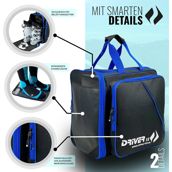 Рюкзак для лижних черевиків Driver13 з відділенням для шолома. Підходить для лиж, сноуборду, роликів та чоботів. Оригінальна модель з 2007 року, чорно-синій.