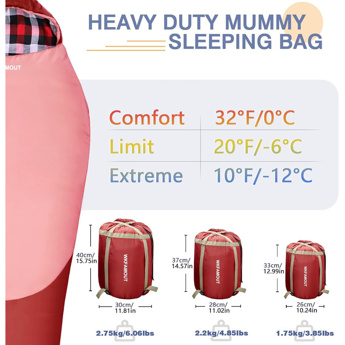 Спальний мішок WKFAMOUT Mumienschlafsack для дорослих та дітей -12°C до 0°C, фліс, 3-4 сезони, для кемпінгу та подорожей, червоний, до 150см