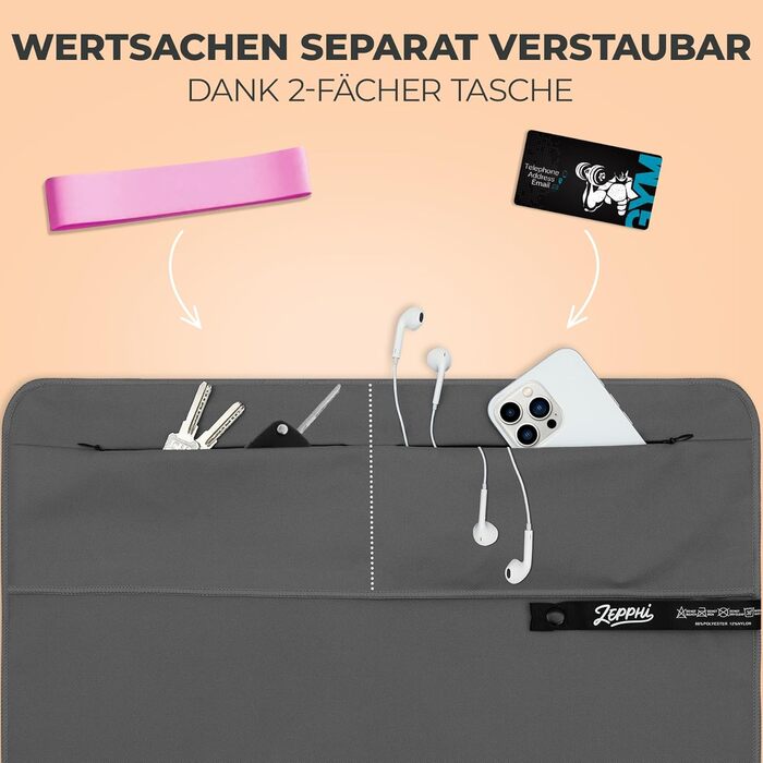 Рушник для фітнесу Zepphi 120x50 см + 80x30 см | Мікрофібра, кишеня на блискавці | Для спортзалу та тренувань | Швидковисихаючий, компактний | Темно-сірий