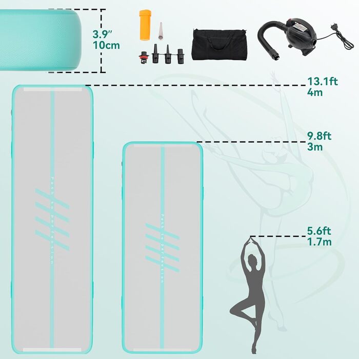 Накидка-матрац для гімнастики DWVO Air Matte Track, 4м, з повітряним насосом, зелений, з карбоновими боковинами