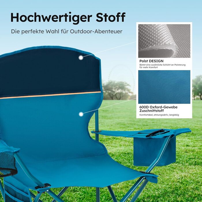 HIGH POINT SPORTS 2 шт. Складний стул для кемпінгу, риболовлі та відпочинку на природі. Зручний, з підстаканником та холодильником, до 120 кг, блакитний