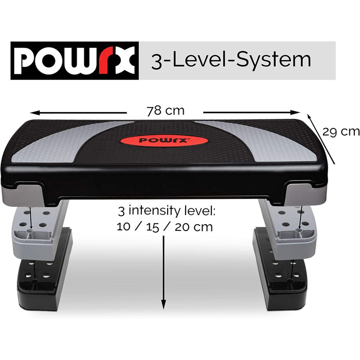 Степ-платформа POWRX XL Premium: 3 рівні, регулювання висоти, для дому, фітнес, степер, гімнастика, аеробіка