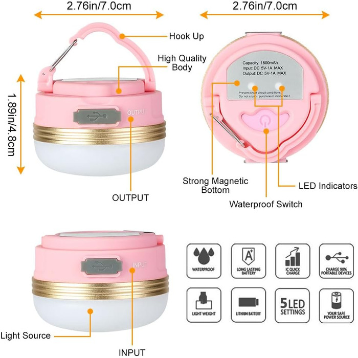 2 шт. LED кемпінгові ліхтарі Flintronic: 5 режимів, SOS, водонепроникні, портативні, для намету, туризму, риболовлі та надзвичайних ситуацій (оранжевий, рожевий, міні)