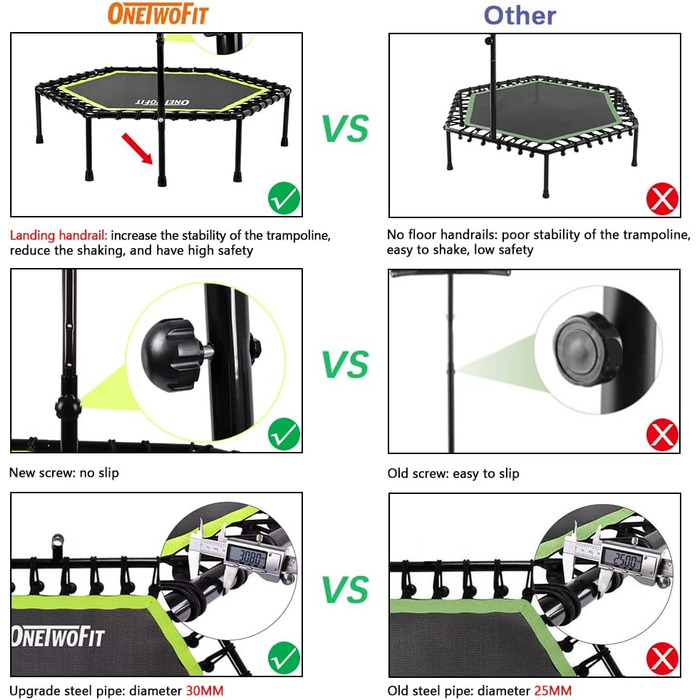 Міні-батут ONETWOFIT 122 см для занять спортом вдома та на вулиці, з регульованою ручкою, фітнес-батут, кардіотренування, зелений