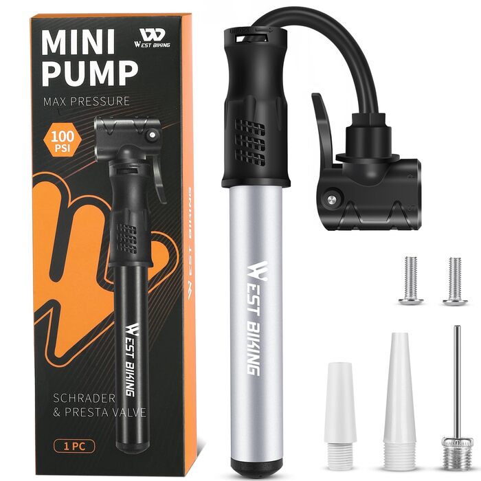 Міні-насос для велосипеда West Biking - Алюмінієвий насос для велосипеда, сумісний з усіма типами вентилів, портативний, швидке накачування шин, легкий, для MTB, шосе, м'ячів (срібний)