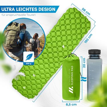 Килимок для кемпінгу NORDMUT® Ultraleicht з ремкомплектом - Надувний килимок для кемпінгу, водостійкий, для відпочинку на природі, фестивалів та у наметі (Світло-зелений)