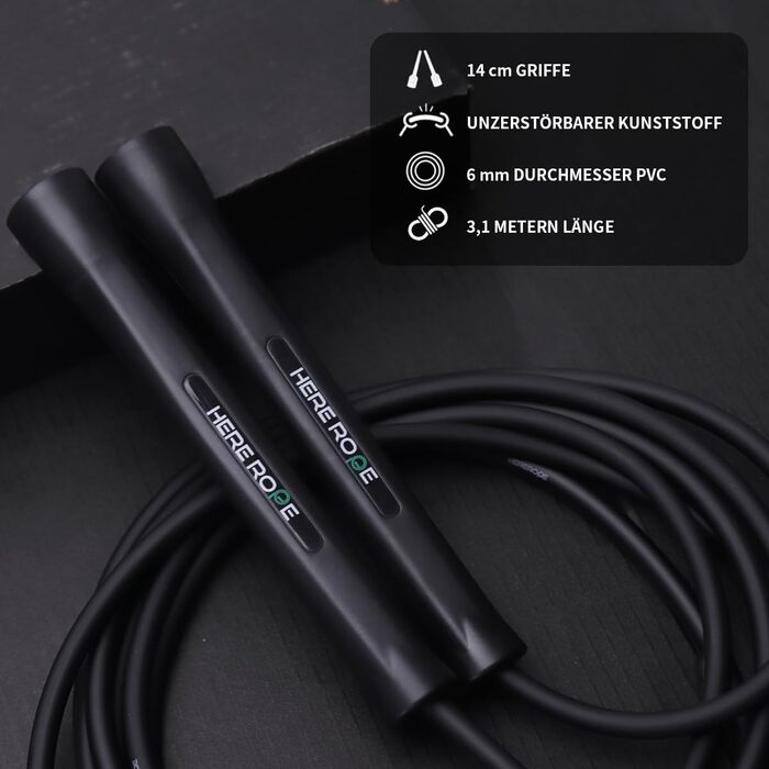 Спортивний скакалка Hererope PVC 6мм для фітнесу, боксу та кардіотренувань, 3.1 м, нерозривні ручки, чорна
