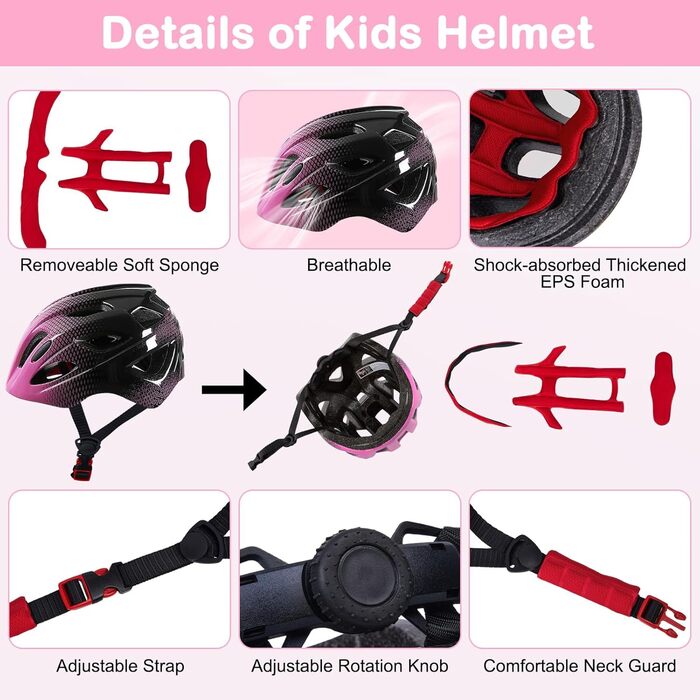 Дитячий шолом Kinderhelm для велосипеда, 3-8 років, регульований, комплект наколінників (рожевий, чорний)