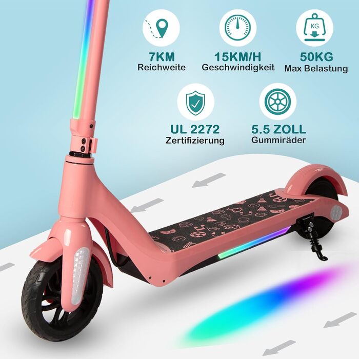 Дитячий електросамокат E-RIDES з LED-дисплеєм, неоновим підсвічуванням, регульованою швидкістю та висотою, максимальна швидкість 15 км/год, рожевий, подарунок для дітей
