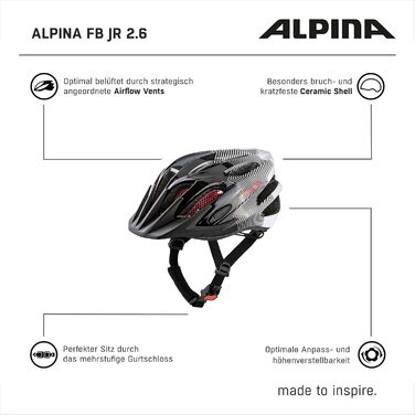 Дитячий шолом ALPINA FB JR. 2.0, чорний/білий/червоний, глянцевий
