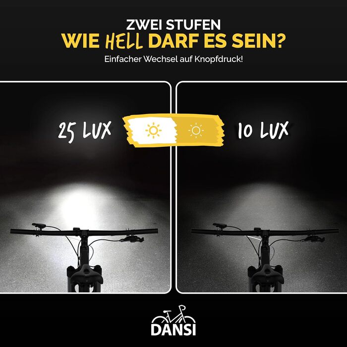 Набір передніх велоліхтарів DANSI StVZO I LED – яскраве світло (25/10 Lux, акумуляторний)