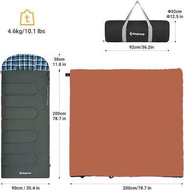 Сплячий мішок KingCamp для дорослих 3 в 1 з знімною ковдрою, зимовий, XXL, бавовна фланель, легкий, портативний, теплий (оливковий, наповнювач 500г/м²)