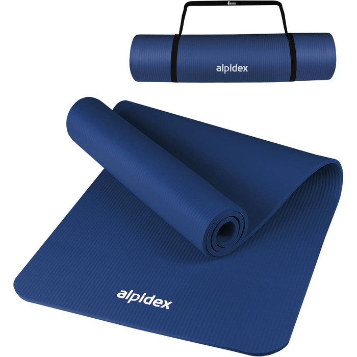 Килимок для йоги ALPIDEX 183x60x0.8 см - нетоксичний, з E-book, ремінком, антиковзкий, для фітнесу, гімнастики, пілатесу, спорту, фізіотерапії, HIIT, йоги, тренувань (Blue)