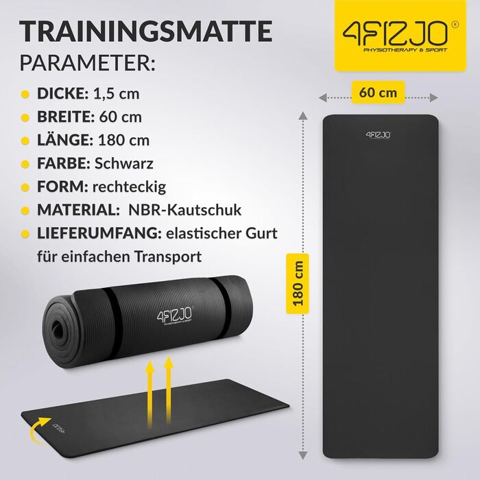 Фітнес-мат 4FIZJO 180x60 см, товщина 1.5 см, NBR піна, нековзний, для йоги, пілатесу, спорту (чорний) з ременем для перенесення