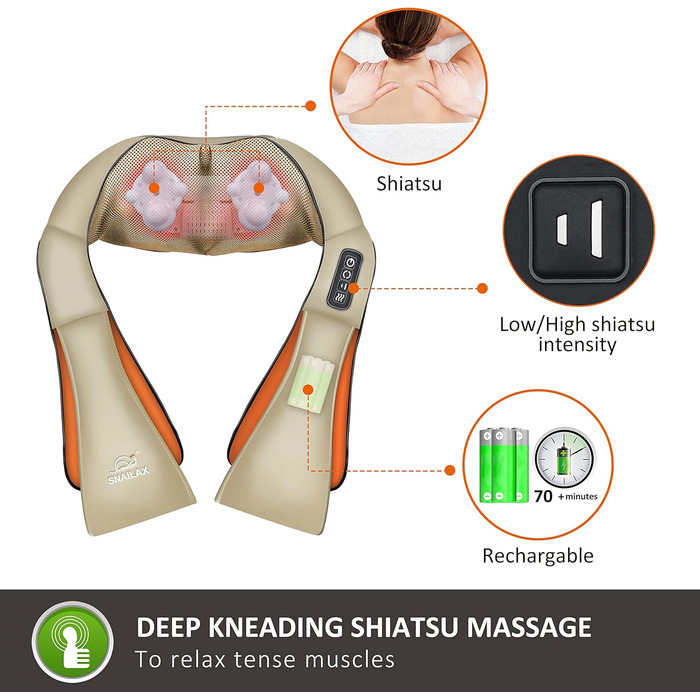 Бездротовий масажер Shiatsu Snailax з функцією підігріву, 4D-роликами для шиї, плечей і спини, м'язова релаксація, подарунок для чоловіків та жінок (хаки)