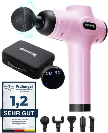 Електричний масажний пістолет SPORTINATOR Level Up з насадками і сумкою, USB-C, LCD, рожевий