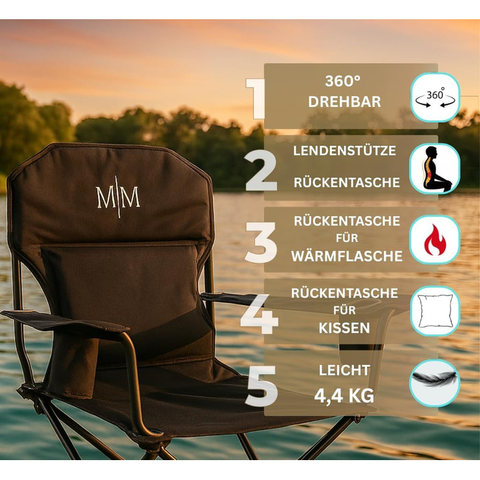 Складний туристичний стілець McMAISE® чорного кольору, до 150 кг, з кишенею для подушки/термосу, 360° обертання