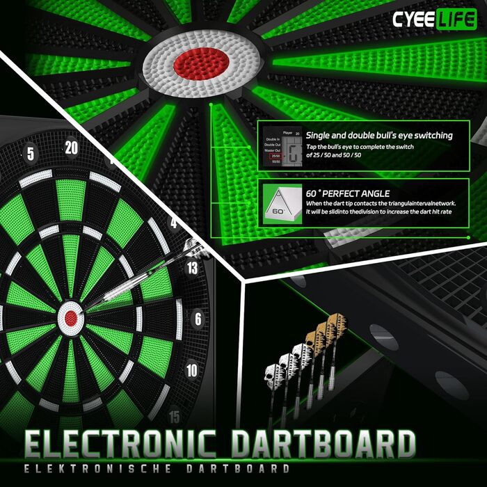 Електронний дартс Cyeelife з LCD-дисплеєм та німецькою озвучкою – комплект (12 дротиків, 24 пір'я, 50 наконечників, USB-зарядка)