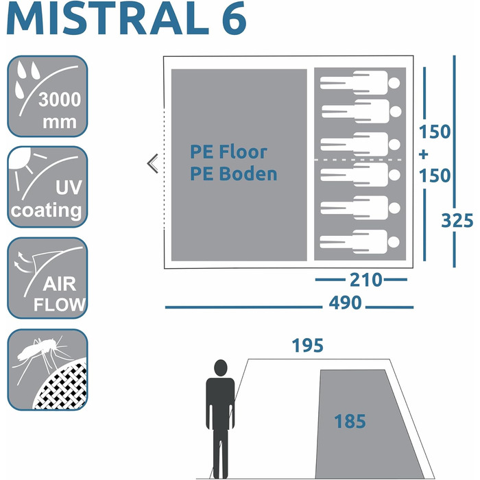 Намет кемпінговий your GEAR Mistral Tunnel для 6 осіб, сімейний, з високою стелею, UV 50+ захист, водонепроникність 3000 мм (Синій/Сірий)