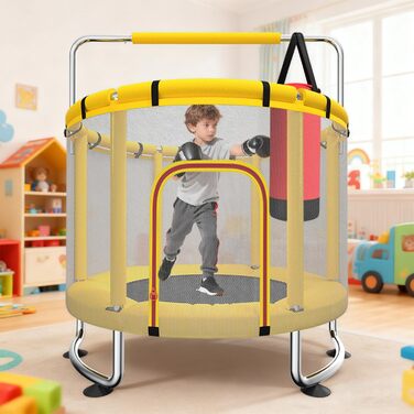 Дитячий батут з сіткою безпеки, регульованою поперечною перекладиною та гойдалкою, для хлопчиків та дівчаток 3-8 років (жовтий)