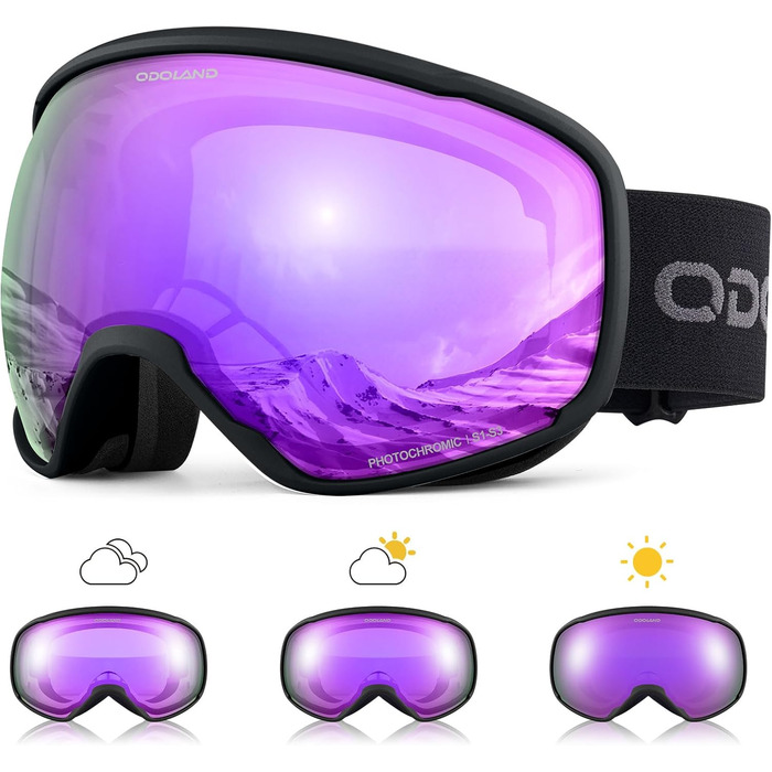 Одаленд Скі-маска фотохромні для сонячних та похмурих днів, антитуманні сноуборд маски, скі-окуляри з UV-захистом для чоловіків та жінок, самозатемнювані скі-маски