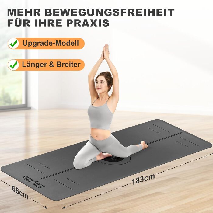 Протиковзкий килимок для йоги, пілатесу та фітнесу з еко-натурального каучуку та TPE, з лініями розмітки та ременем для перенесення, темно-сірий, 4 мм