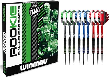 WINMAU Rookie набір латунних дротиків з крилами, стрижнями та ексклюзивною брошурою, синій, червоний, зелений