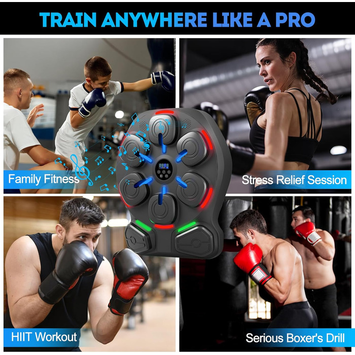 Музична боксерська машина ZAKVOP з 8 цілями, Bluetooth, 10 швидкостей, 9 режимів, LED, акумулятор 4000mAh, рукавички