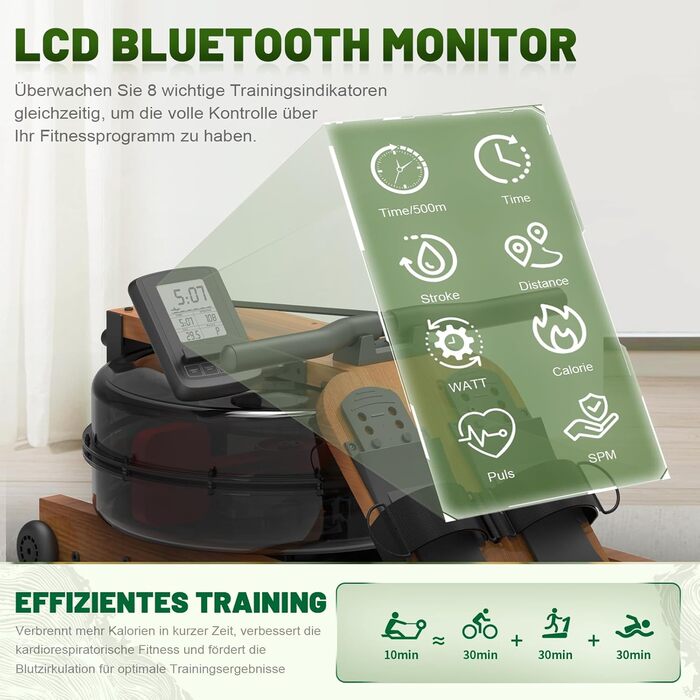 Гребний тренажер Kitopa з водою, дерев'яний, для дому, складаний, з Kinomap (30 днів), максимальна висота користувача 2м, вага до 160кг, Bluetooth, дисплей, регульований тримач для телефону, коричневий