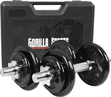 Комплект гантелей GORILLA SPORTS 20 кг з кейсом, 8 чавунних дисків, 30 мм гриф із насічкою, зіркоподібні замки