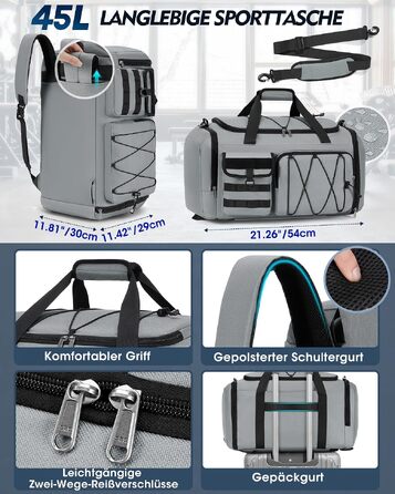 Спортивна сумка RAINSMORE 45L 3-в-1 для фітнесу та подорожей, водонепроникна дорожня сумка з відділенням для взуття та мокрих речей (Сіра)