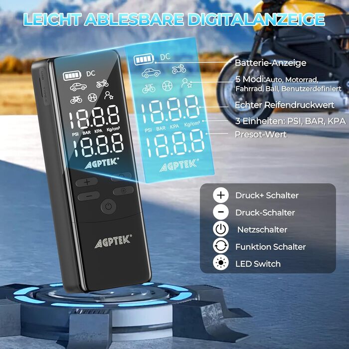 AGPTEK електричний насос-компресор 150PSI 75000mAh 12В з LCD-дисплеєм, LED-підсвіткою, для шин авто, велосипедів, мотоциклів і м'ячів