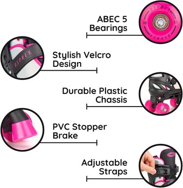 Ролики дитячі Osprey Surge, регульовані ролики Quad, для хлопчиків та дівчаток від 5 років, розміри EU 31-34, рожеві