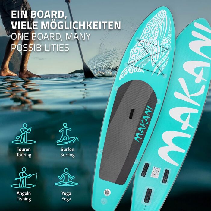 Надувна SUP-дошка ECD Germany Makani 305–380 см, PVC, до 150 кг, товщина 10/15 см, з сидінням для каяка, комплект сумка, весло, зелена