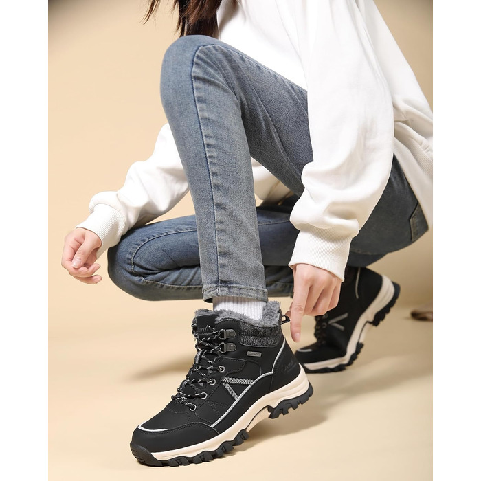 Зимові черевики для жінок: теплі трекінгові черевики, черевики для снігу, розмір 36-41 (чорний з білими лініями, 39 EU)